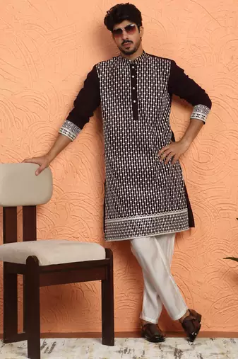 Georgette sequins & thread work embroidered wine kurta with trouser pant