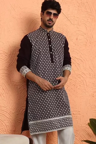 Georgette sequins & thread work embroidered wine kurta with trouser pant