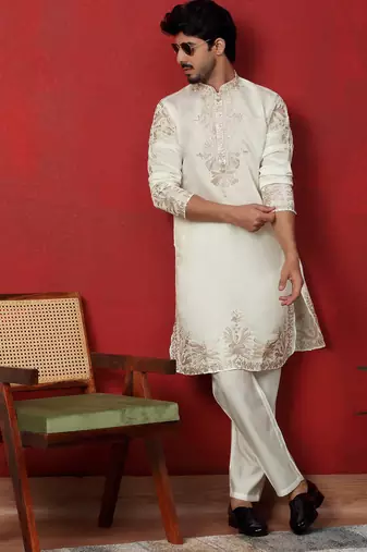 Cotton silk embroidered cream kurta with trouser pant
