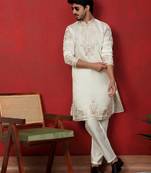 Cotton silk embroidered cream kurta with trouser pant