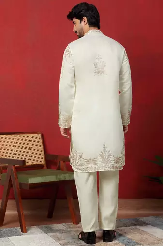 Cotton silk embroidered cream kurta with trouser pant
