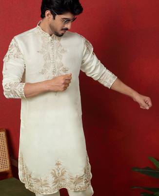 Cotton silk embroidered cream kurta with trouser pant 4