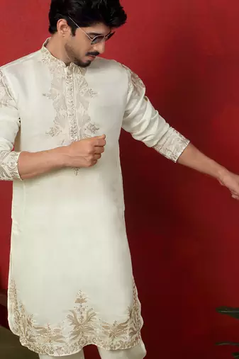 Cotton silk embroidered cream kurta with trouser pant