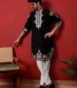 Cotton silk embroidered black kurta with trouser pant