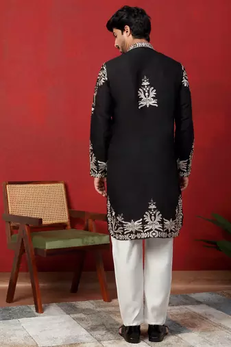 Cotton silk embroidered black kurta with trouser pant