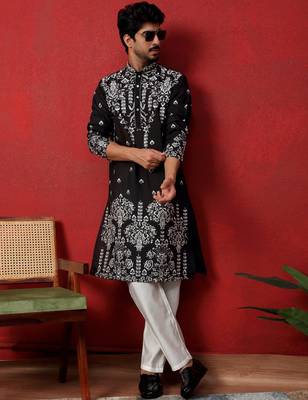 Cotton silk floral embroidered black kurta with trouser pant 1