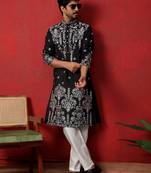Cotton silk floral embroidered black kurta with trouser pant