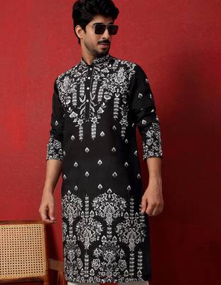 Cotton silk floral embroidered black kurta with trouser pant 4