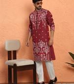 Cotton silk floral embroidered maroon kurta with trouser pant