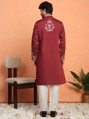 Cotton silk floral embroidered maroon kurta with trouser pant 3
