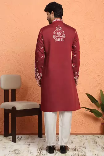 Cotton silk floral embroidered maroon kurta with trouser pant