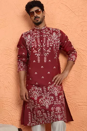 Cotton silk floral embroidered maroon kurta with trouser pant