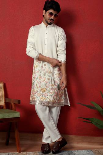 Cream thread & zari embroidered georgette kurta with trouser pant