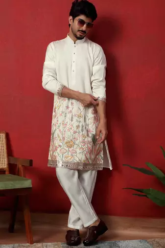 Cream thread & zari embroidered georgette kurta with trouser pant