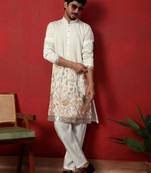 Cream thread & zari embroidered georgette kurta with trouser pant