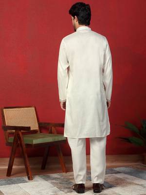 Cream thread & zari embroidered georgette kurta with trouser pant 3