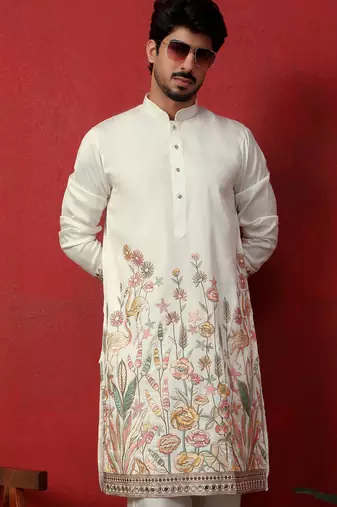 Cream thread & zari embroidered georgette kurta with trouser pant