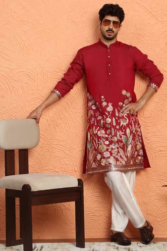 Red thread & zari embroidered georgette kurta with trouser pant