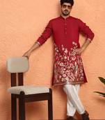 Red thread & zari embroidered georgette kurta with trouser pant