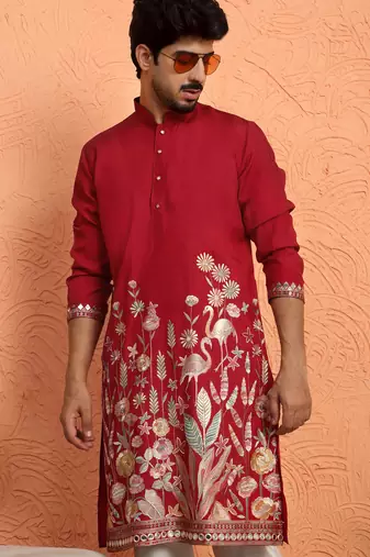 Red thread & zari embroidered georgette kurta with trouser pant