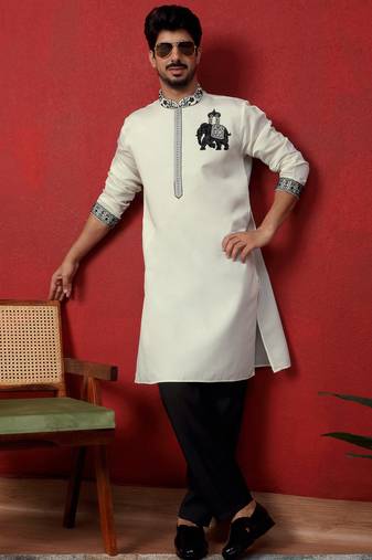 Cotton silk beads work animal motifs cream kurta with trouser pant
