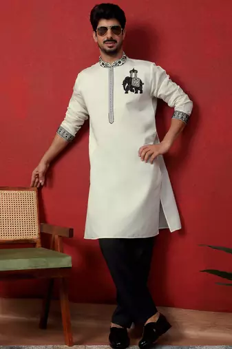 Cotton silk beads work animal motifs cream kurta with trouser pant