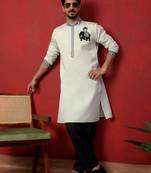 Cotton silk beads work animal motifs cream kurta with trouser pant