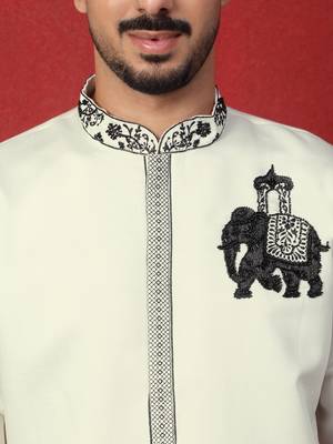 Cotton silk beads work animal motifs cream kurta with trouser pant 2
