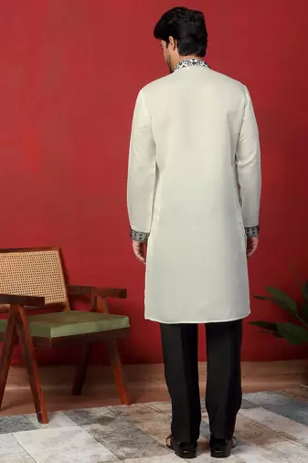Cotton silk beads work animal motifs cream kurta with trouser pant