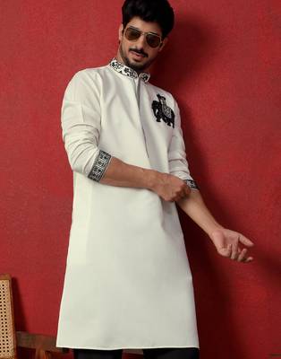 Cotton silk beads work animal motifs cream kurta with trouser pant 4