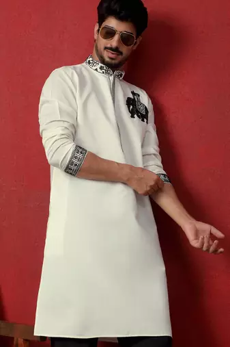 Cotton silk beads work animal motifs cream kurta with trouser pant