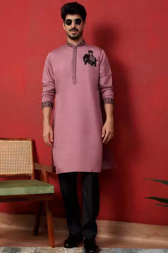 Cotton silk beads work animal motifs mauve kurta with trouser pant