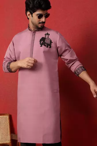 Cotton silk beads work animal motifs mauve kurta with trouser pant