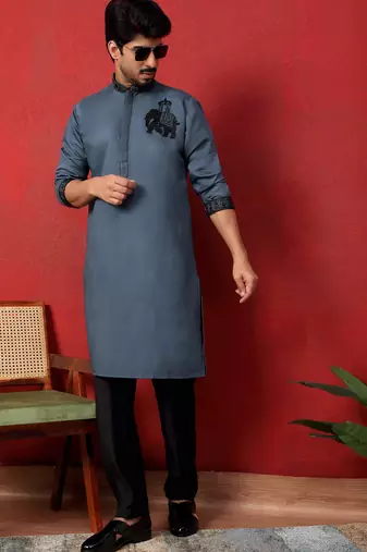 Cotton silk beads work animal motifs grey kurta with trouser pant