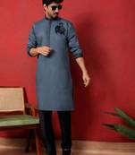 Cotton silk beads work animal motifs grey kurta with trouser pant