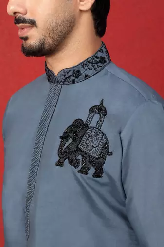 Cotton silk beads work animal motifs grey kurta with trouser pant
