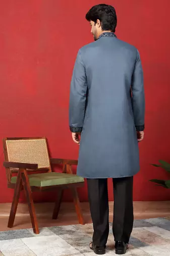 Cotton silk beads work animal motifs grey kurta with trouser pant