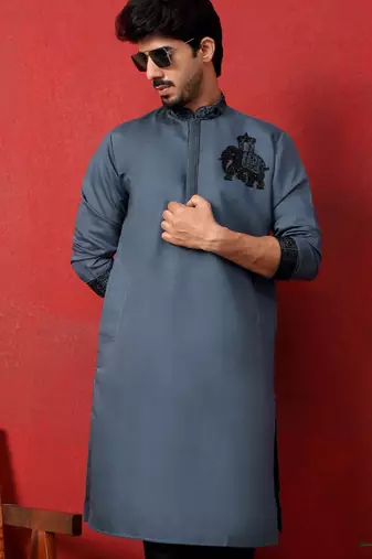 Cotton silk beads work animal motifs grey kurta with trouser pant