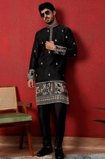 Thread & zari embroidered cotton silk black kurta with trouser pant