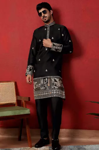 Thread & zari embroidered cotton silk black kurta with trouser pant