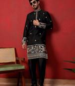 Thread & zari embroidered cotton silk black kurta with trouser pant