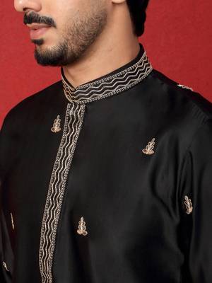 Thread & zari embroidered cotton silk black kurta with trouser pant 2