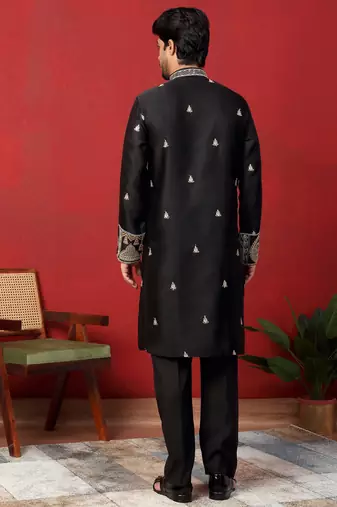 Thread & zari embroidered cotton silk black kurta with trouser pant