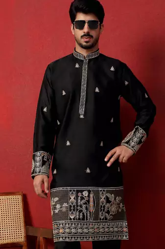 Thread & zari embroidered cotton silk black kurta with trouser pant