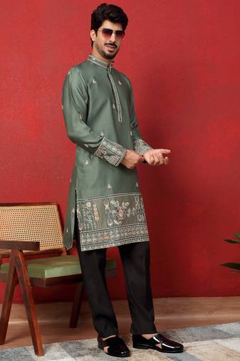 Thread & zari embroidered cotton silk green kurta with trouser pant