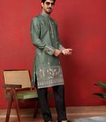 Thread & zari embroidered cotton silk green kurta with trouser pant