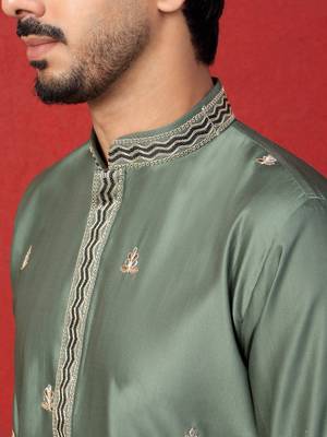 Thread & zari embroidered cotton silk green kurta with trouser pant 2