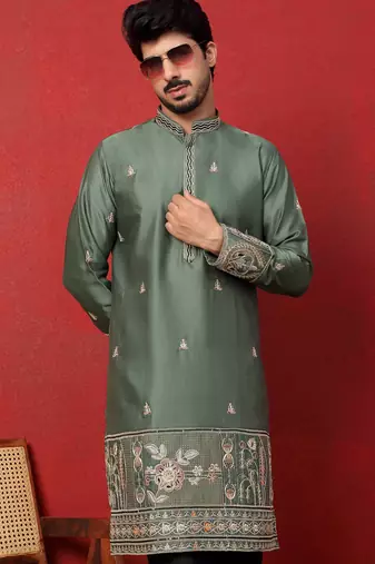 Thread & zari embroidered cotton silk green kurta with trouser pant