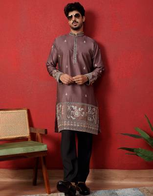 Thread & zari embroidered cotton silk mauve kurta with trouser pant 1