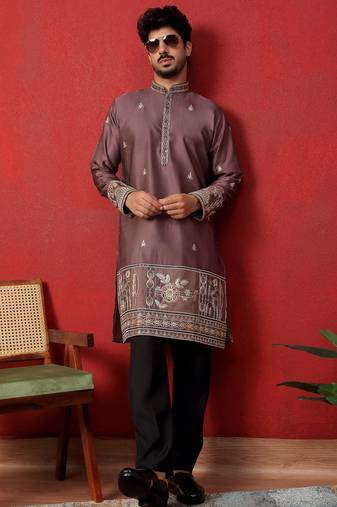 Thread & zari embroidered cotton silk mauve kurta with trouser pant